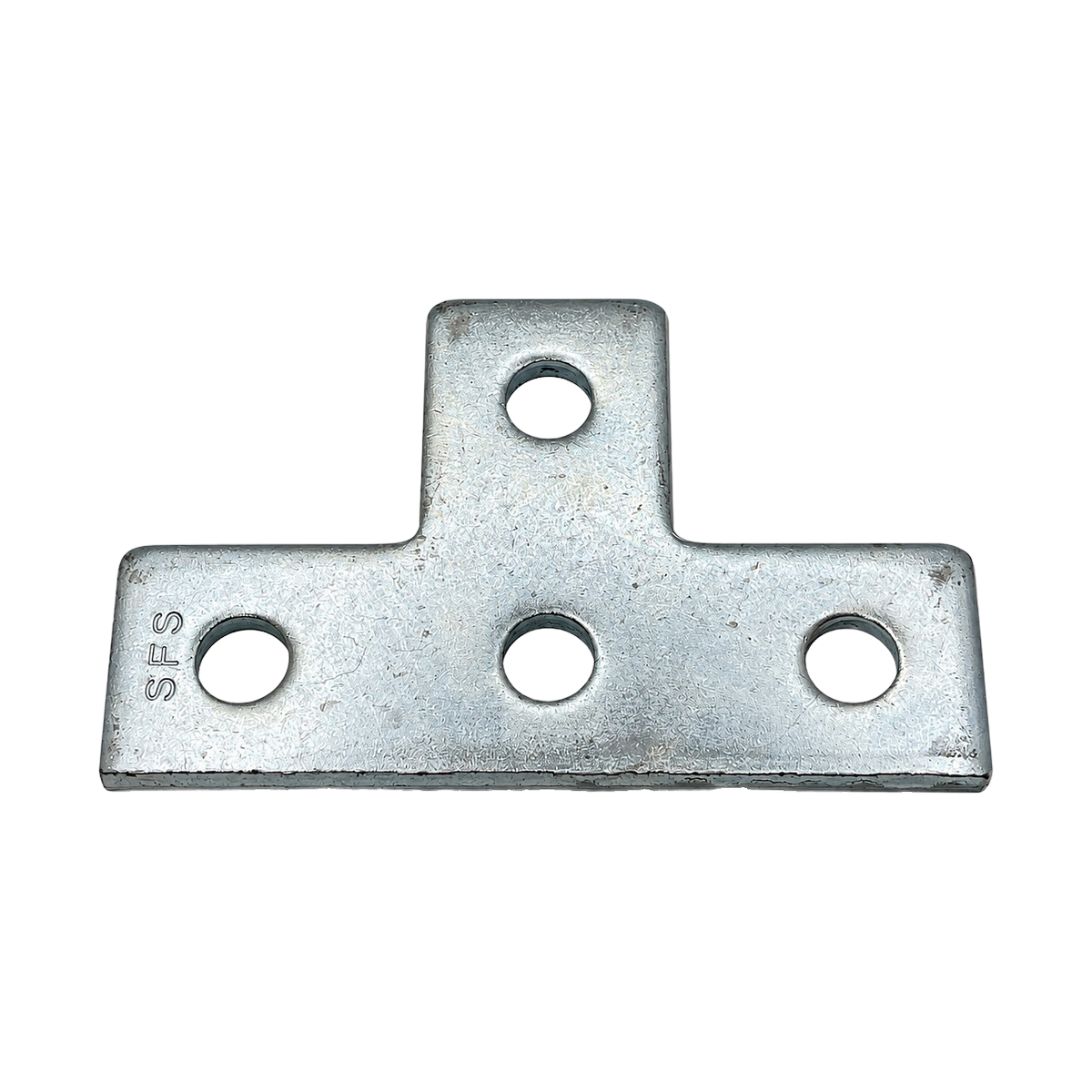 Empalme tipo T galvanizado con cuatro orificios y marca SFS
